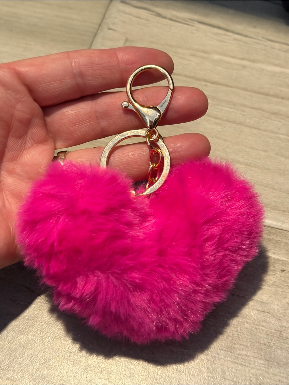 Pink Heart Faux Fur Pom Keychain with Gold Hardware